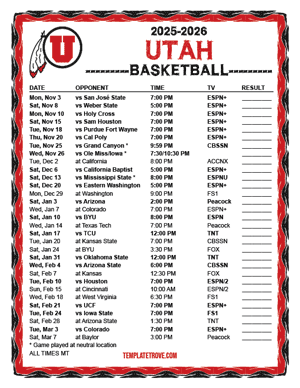 Utah Utes Basketball 2025-26 Printable Schedule - Mountain Times