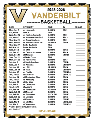 Vanderbilt Commodores Basketball 2025-26 Printable Schedule - Central Times