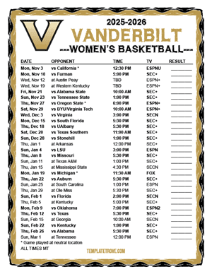 Vanderbilt Commodores women's basketball 2025-26 Printable Schedule - Mountain Times
