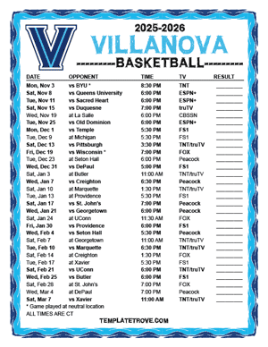 Villanova Wildcats Basketball 2025-26 Printable Schedule - Central Times