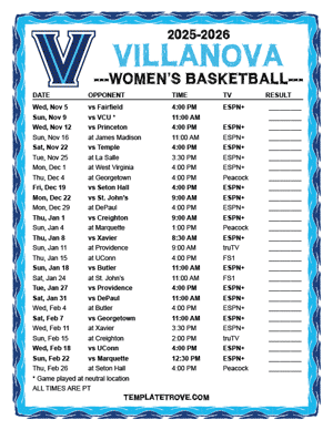 Villanova Wildcats Women's Basketball 2025-26 Printable Schedule - Pacific Times