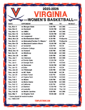 Virginia Cavaliers women's basketball 2025-26 Printable Schedule - Mountain Times