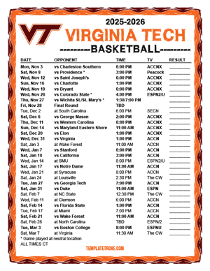 Virginia Tech Hokies Basketball 2025-26 Printable Schedule - Central Times