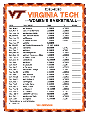2025-26 Printable Virginia Tech Hokies Women's Basketball Schedule