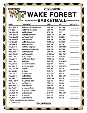 Wake Forest Demon Deacons Basketball 2025-26 Printable Schedule - Mountain Times