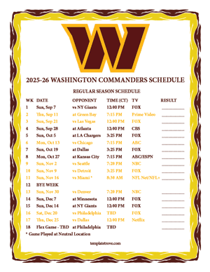 Washington Commanders 2025-26
Printable Schedule - Central Times
