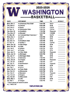 Washington Huskies Basketball 2025-26 Printable Schedule - Mountain Times