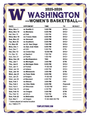 Washington Huskies Women's Basketball 2025-26 Printable Schedule - Pacific Times