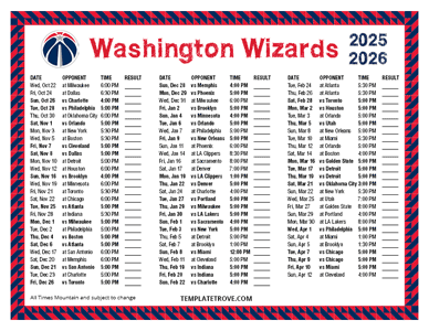 Washington Wizards 2025-26 Printable Schedule - Mountain Times