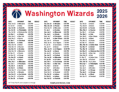 Washington Wizards 2025-26 Printable Schedule - Pacific Times