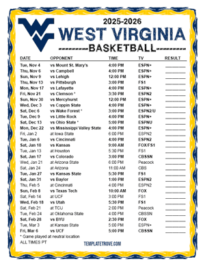 West Virginia Mountaineers Basketball 2025-26 Printable Schedule - Pacific Times
