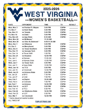 West Virginia Mountaineers Women's Basketball 2025-26 Printable Schedule - Mountain Times