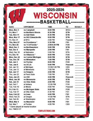 2024-25 Printable Wisconsin Badgers Basketball Schedule