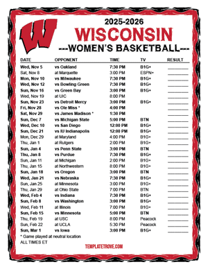 2024-25 Printable Wisconsin Badgers Women's Basketball Schedule