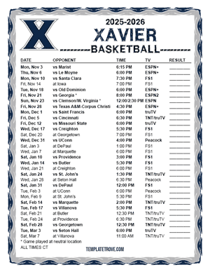 Xavier Musketeers Basketball 2025-26 Printable Schedule - Central Times