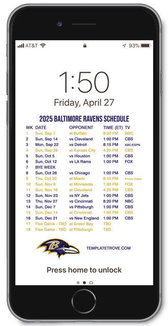 2025 Baltimore Ravens Lock Screen Schedule
