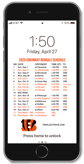 2025 Cincinnati Bengals Lock Screen Schedule