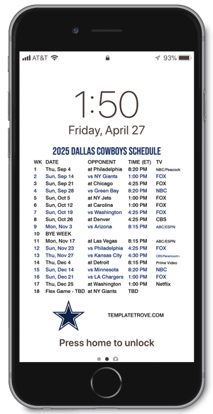 2025 Dallas Cowboys Lock Screen Schedule