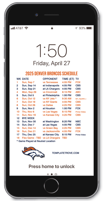 2025 Denver Broncos Lock Screen Schedule