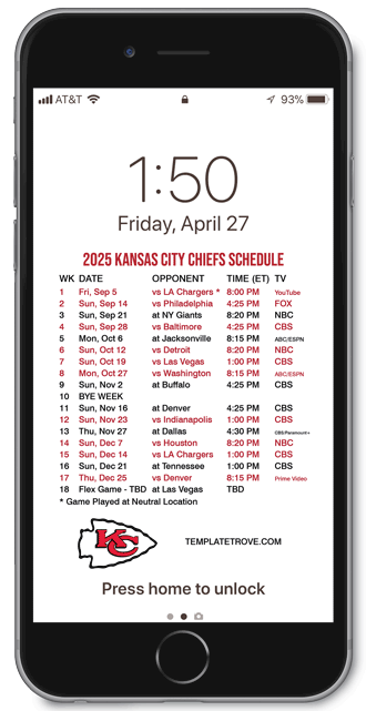 2025 Kansas City Chiefs Lock Screen Schedule