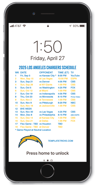 2025 Los Angeles Chargers Lock Screen Schedule