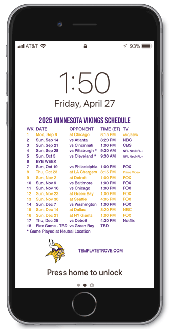 2025 Minnesota Vikings Lock Screen Schedule