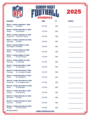 2025 Printable NFL Sunday Night Football Schedule - Central Times