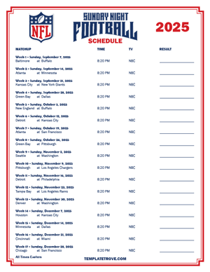 2025 Printable NFL Sunday Night Football Schedule