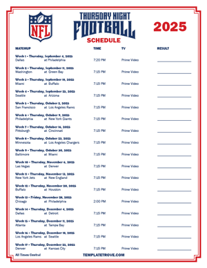 2025 Printable NFL Thursday Night Football Schedule - Central Times