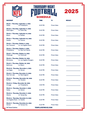 2025 Printable NFL Thursday Night Football Schedule