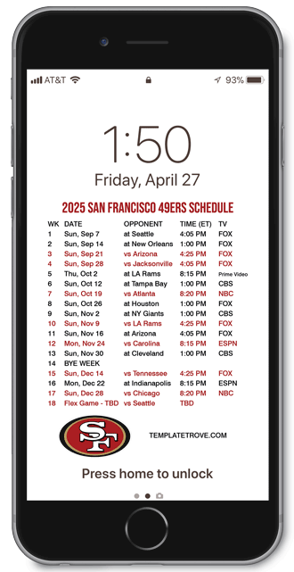 2025 San Francisco 49ers Lock Screen Schedule
