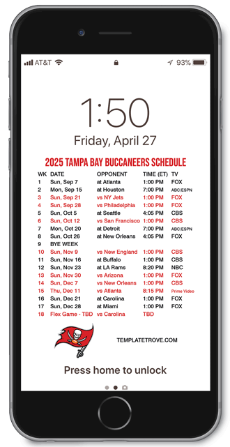 2025 Tampa Bay Buccaneers Lock Screen Schedule