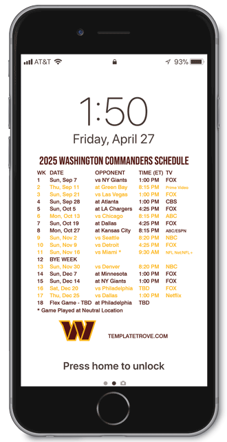 2025 Washington Commanders Lock Screen Schedule