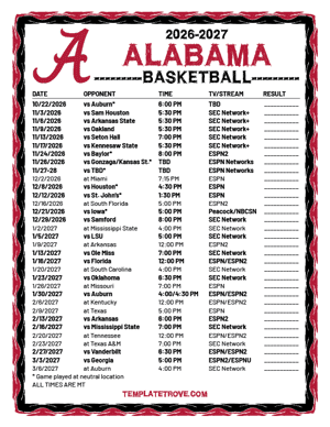 Alabama Crimson Tide Basketball 2026-27 Printable Schedule - Mountain Times