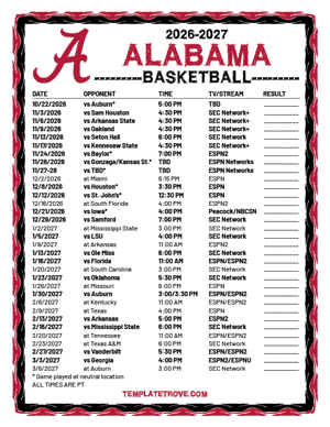 Alabama Crimson Tide Basketball 2026-27 Printable Schedule - Pacific Times