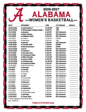 Alabama Crimson Tide Women's Basketball 2026-27 Printable Schedule - Central Times