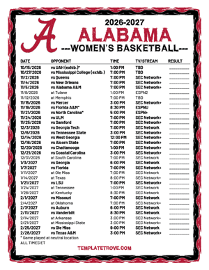 2024-25 Printable Alabama Crimson Tide Women's Basketball Schedule