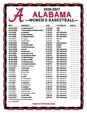 Alabama Crimson Tide Women's Basketball 2026-27 Printable Schedule - Mountain Times