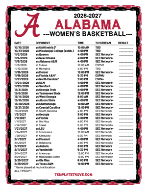 Alabama Crimson Tide Women's Basketball 2026-27 Printable Schedule - Pacific Times
