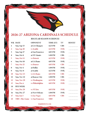 Arizona Cardinals 2026-27
 Printable Schedule