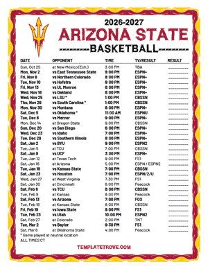 Arizona State Sun Devils Basketball 2026-27 Printable Schedule - Central Times