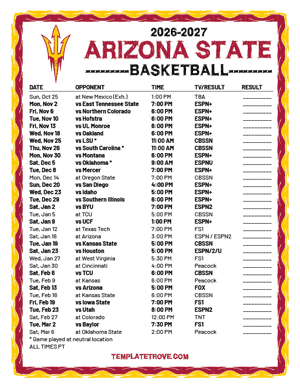 Arizona State Sun Devils Basketball 2026-27 Printable Schedule - Pacific Times