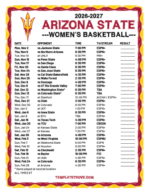 2024-25 Printable Arizona State Sun Devils Women's Basketball Schedule