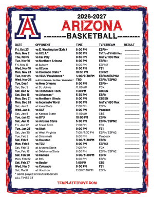 Arizona Wildcats Basketball 2026-27 Printable Schedule - Central Times