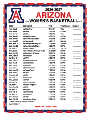 Arizona Wildcats Women's Basketball 2026-27 Printable Schedule - Central Times