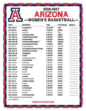 2024-25 Printable Arizona Wildcats Women's Basketball Schedule