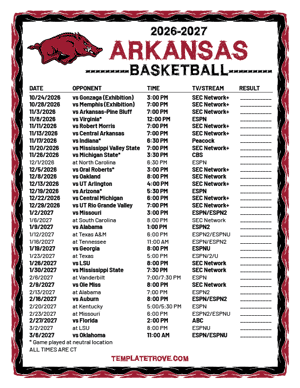 Arkansas Razorbacks Basketball 2026-27 Printable Schedule - Central Times