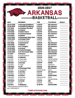 2024-25 Printable Arkansas Razorbacks Basketball Schedule