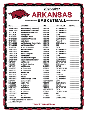 Arkansas Razorbacks Basketball 2026-27 Printable Schedule - Mountain Times