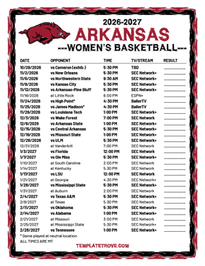 Arkansas Razorbacks women's basketball 2026-27 Printable Schedule - Mountain Times
